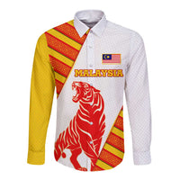 Malaysia National Crest Long Sleeve Button Shirt with Red Tiger and Traditional Batik Yellow White