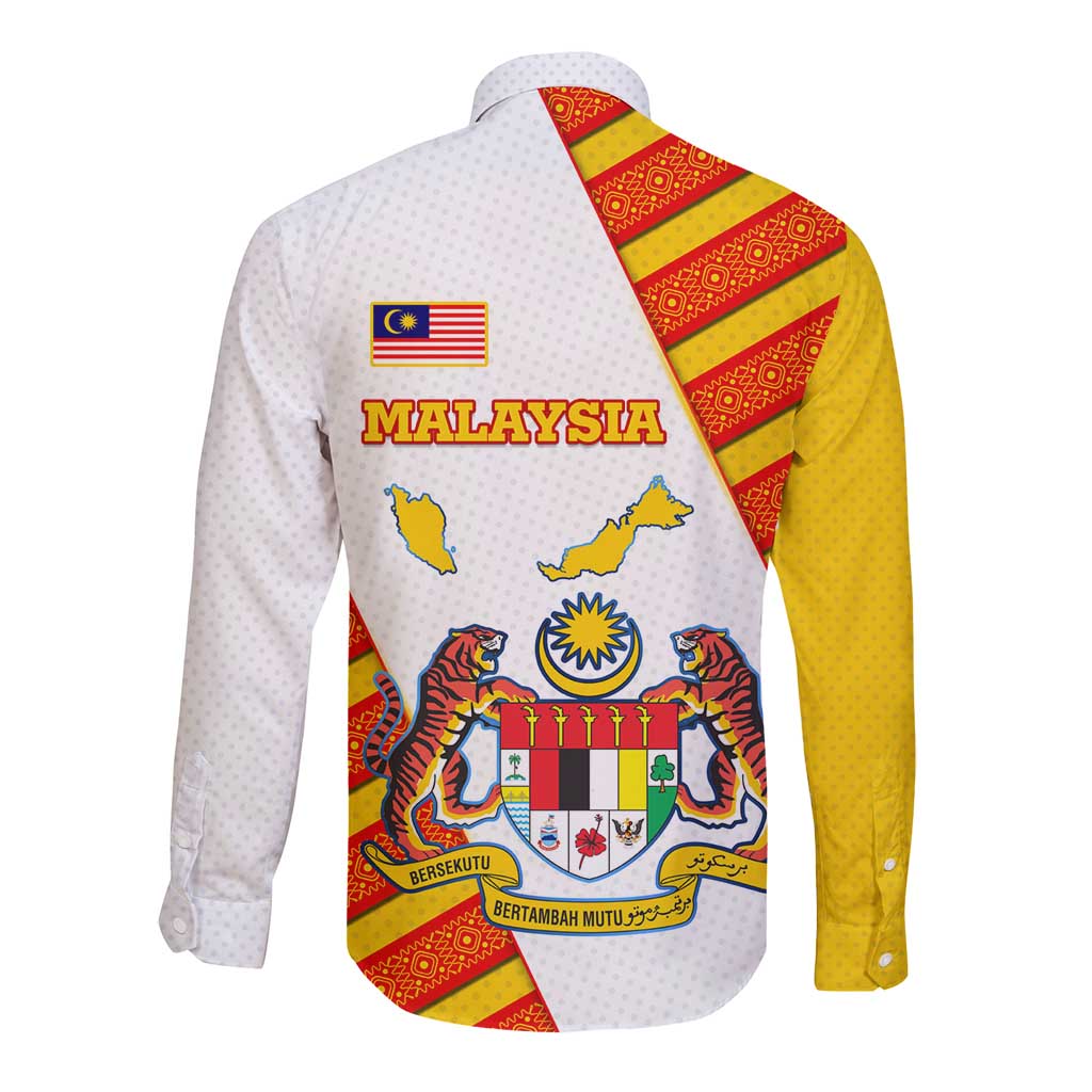 Malaysia National Crest Long Sleeve Button Shirt with Red Tiger and Traditional Batik Yellow White