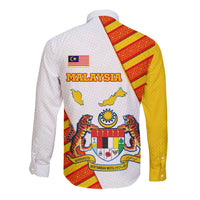 Malaysia National Crest Long Sleeve Button Shirt with Red Tiger and Traditional Batik Yellow White
