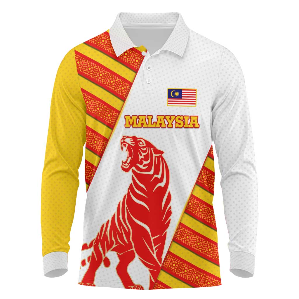 Malaysia National Crest Long Sleeve Polo Shirt with Red Tiger and Traditional Batik Yellow White