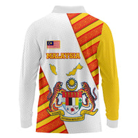 Malaysia National Crest Long Sleeve Polo Shirt with Red Tiger and Traditional Batik Yellow White