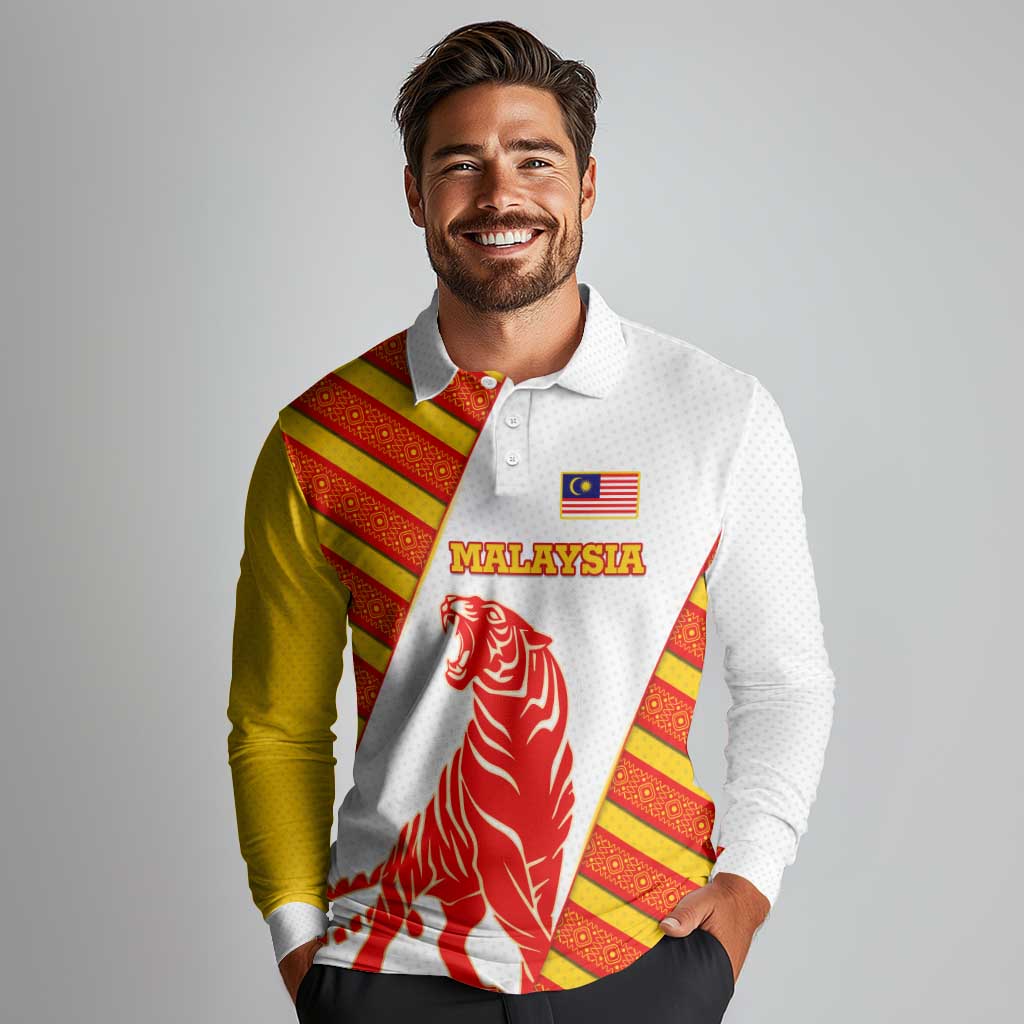 Malaysia National Crest Long Sleeve Polo Shirt with Red Tiger and Traditional Batik Yellow White
