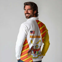 Malaysia National Crest Long Sleeve Polo Shirt with Red Tiger and Traditional Batik Yellow White