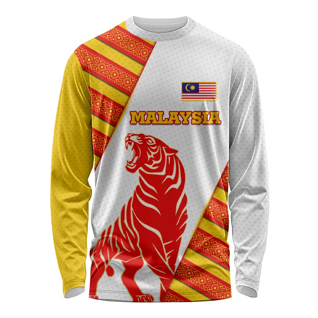 Malaysia National Crest Long Sleeve Shirt with Red Tiger and Traditional Batik Yellow White