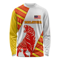 Malaysia National Crest Long Sleeve Shirt with Red Tiger and Traditional Batik Yellow White