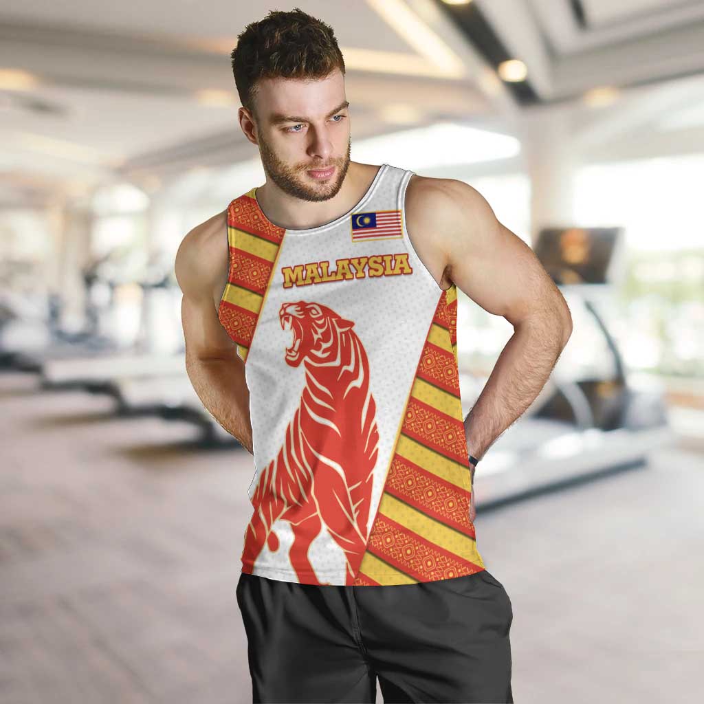 Malaysia National Crest Men Tank Top with Red Tiger and Traditional Batik Yellow White