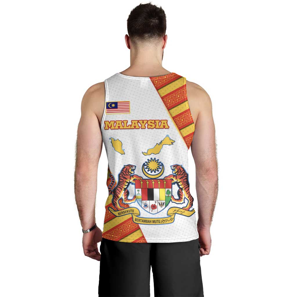 Malaysia National Crest Men Tank Top with Red Tiger and Traditional Batik Yellow White