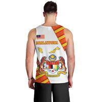 Malaysia National Crest Men Tank Top with Red Tiger and Traditional Batik Yellow White