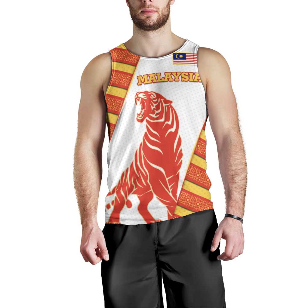 Malaysia National Crest Men Tank Top with Red Tiger and Traditional Batik Yellow White