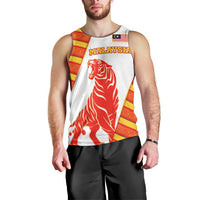 Malaysia National Crest Men Tank Top with Red Tiger and Traditional Batik Yellow White