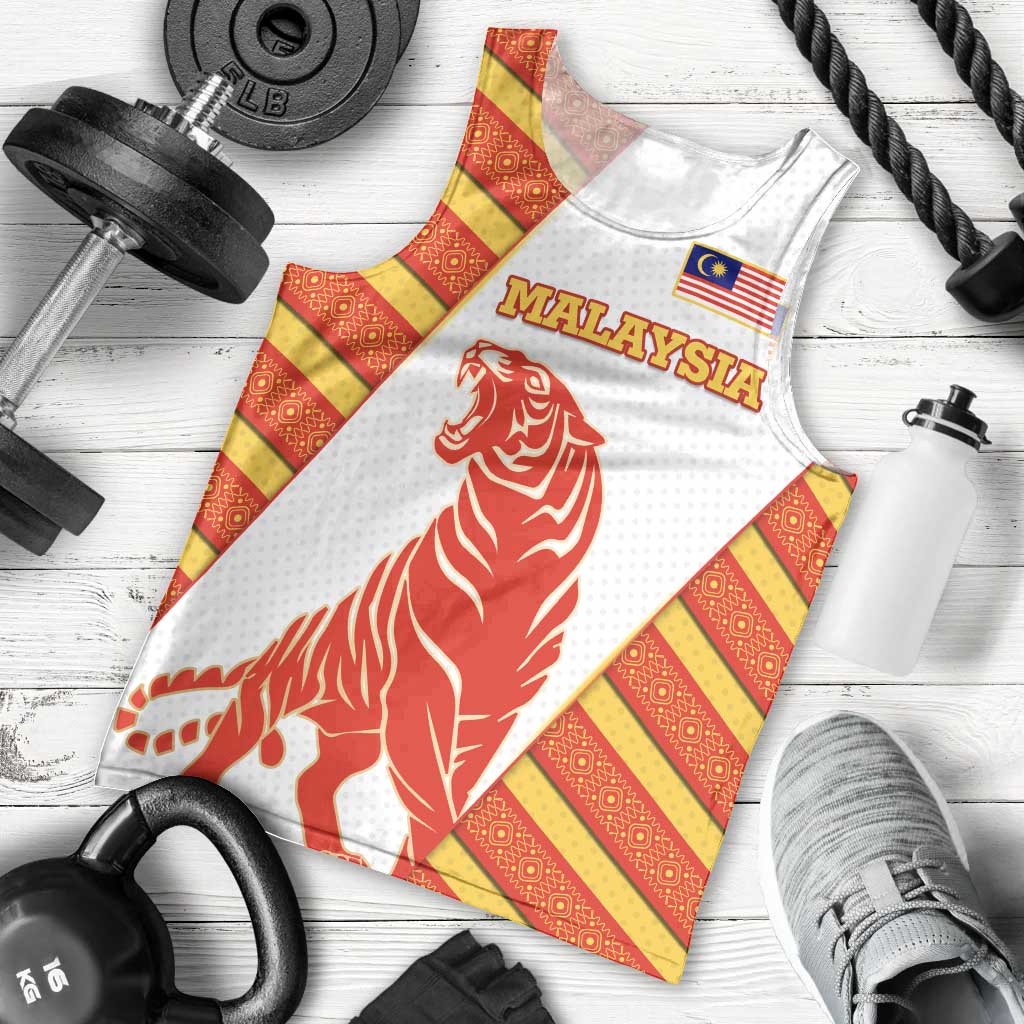 Malaysia National Crest Men Tank Top with Red Tiger and Traditional Batik Yellow White
