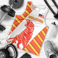 Malaysia National Crest Men Tank Top with Red Tiger and Traditional Batik Yellow White