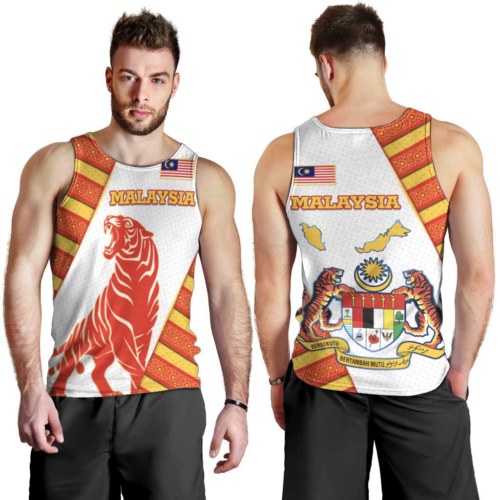 Malaysia National Crest Men Tank Top with Red Tiger and Traditional Batik Yellow White