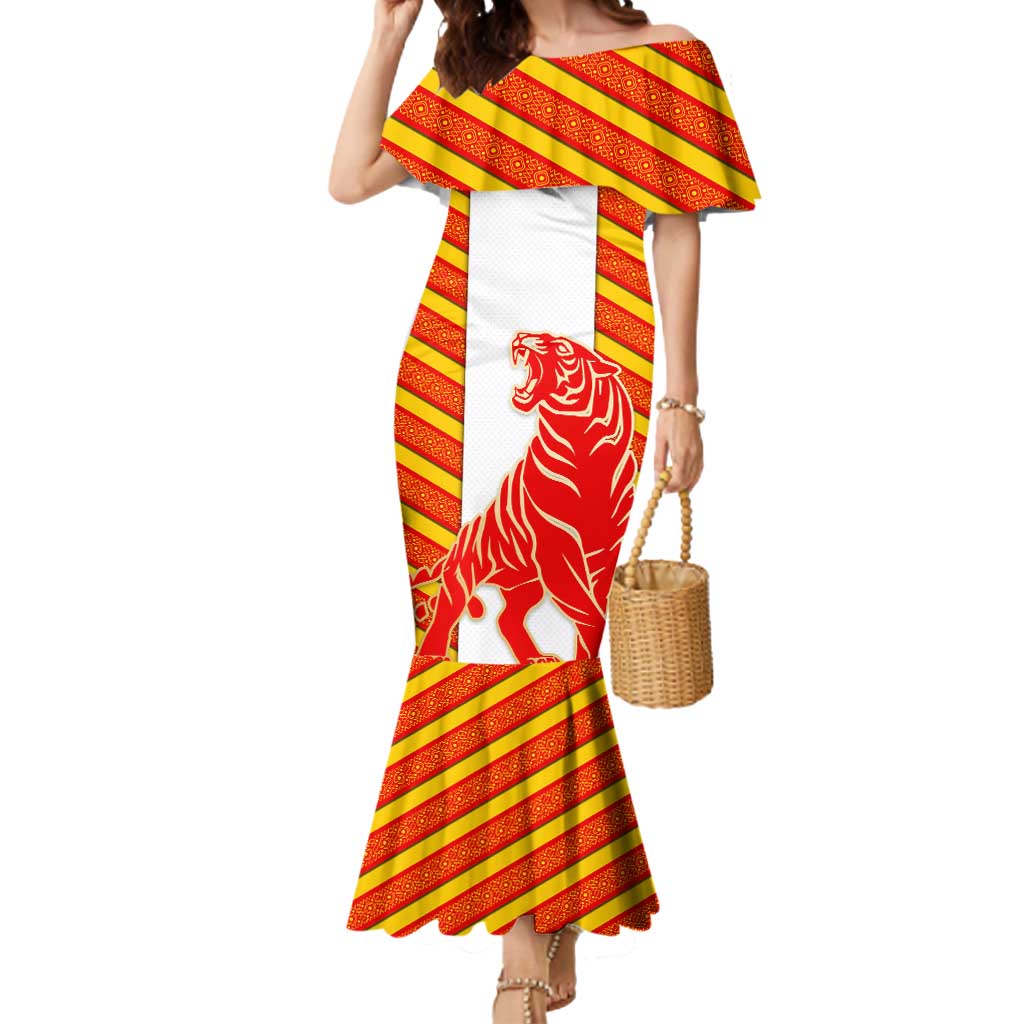 Malaysia National Crest Mermaid Dress with Red Tiger and Traditional Batik Yellow White