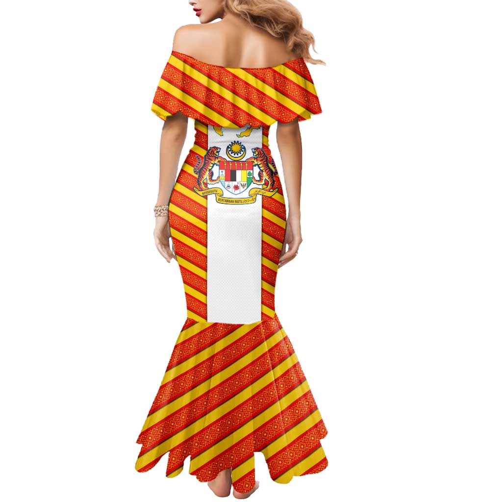 Malaysia National Crest Mermaid Dress with Red Tiger and Traditional Batik Yellow White