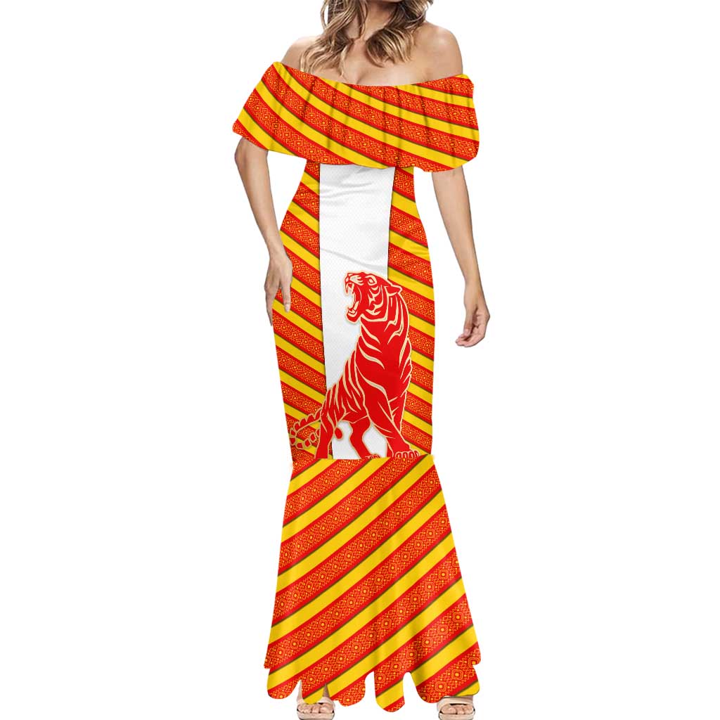 Malaysia National Crest Mermaid Dress with Red Tiger and Traditional Batik Yellow White