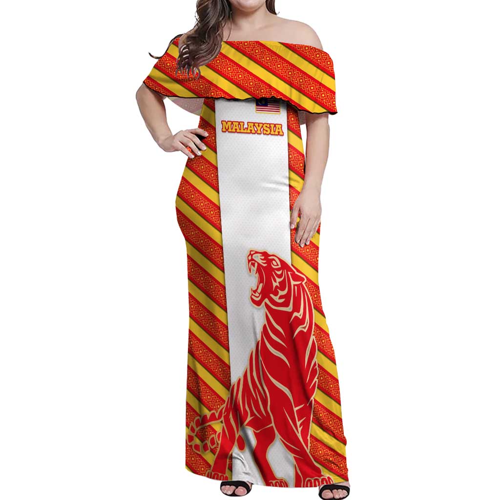 Malaysia National Crest Off Shoulder Maxi Dress with Red Tiger and Traditional Batik Yellow White