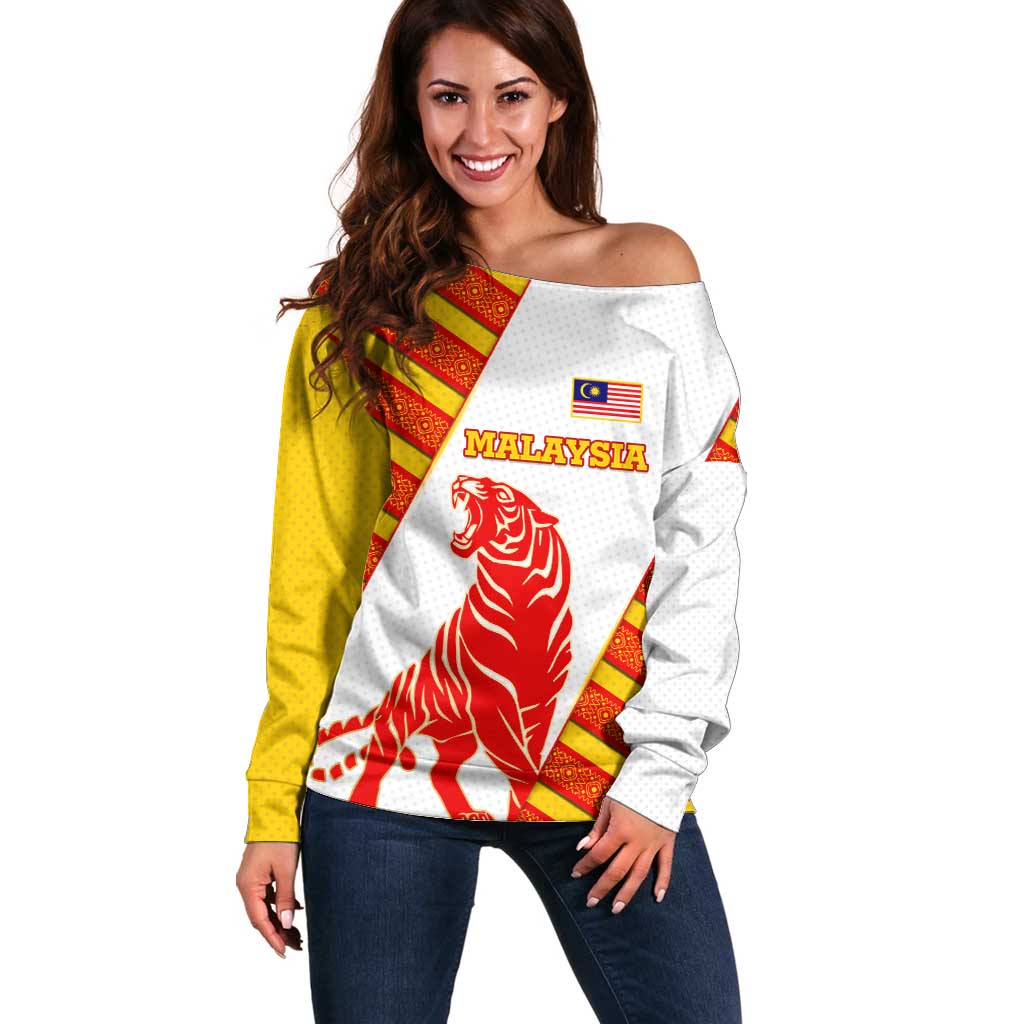 Malaysia National Crest Off Shoulder Sweater with Red Tiger and Traditional Batik Yellow White