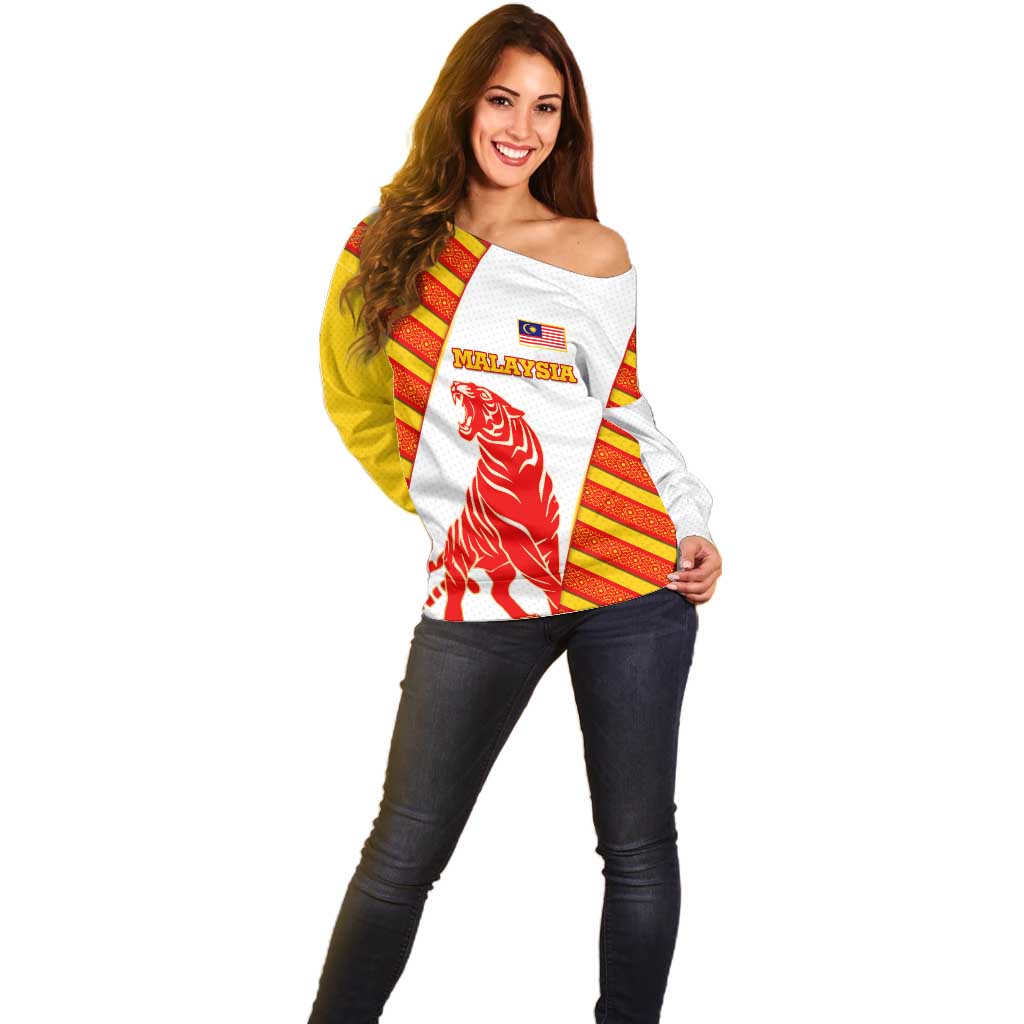 Malaysia National Crest Off Shoulder Sweater with Red Tiger and Traditional Batik Yellow White