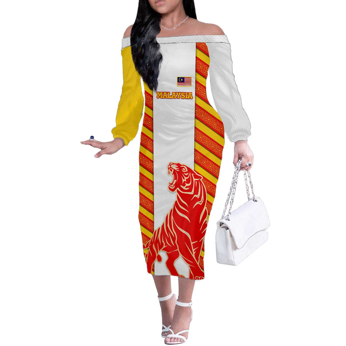 Malaysia National Crest Off The Shoulder Long Sleeve Dress with Red Tiger and Traditional Batik Yellow White