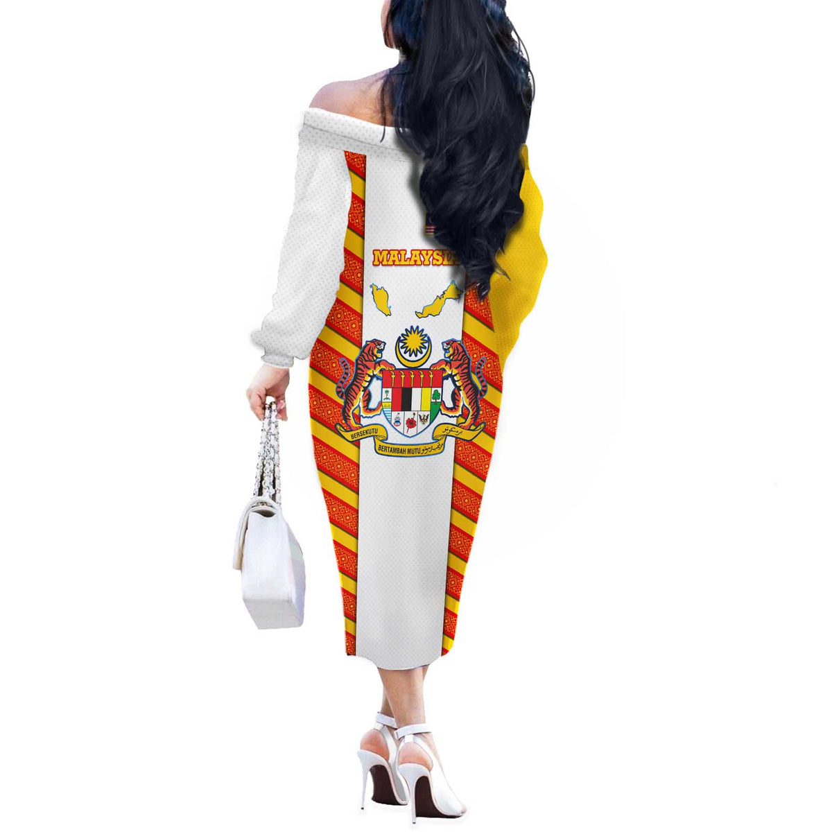 Malaysia National Crest Off The Shoulder Long Sleeve Dress with Red Tiger and Traditional Batik Yellow White