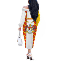 Malaysia National Crest Off The Shoulder Long Sleeve Dress with Red Tiger and Traditional Batik Yellow White