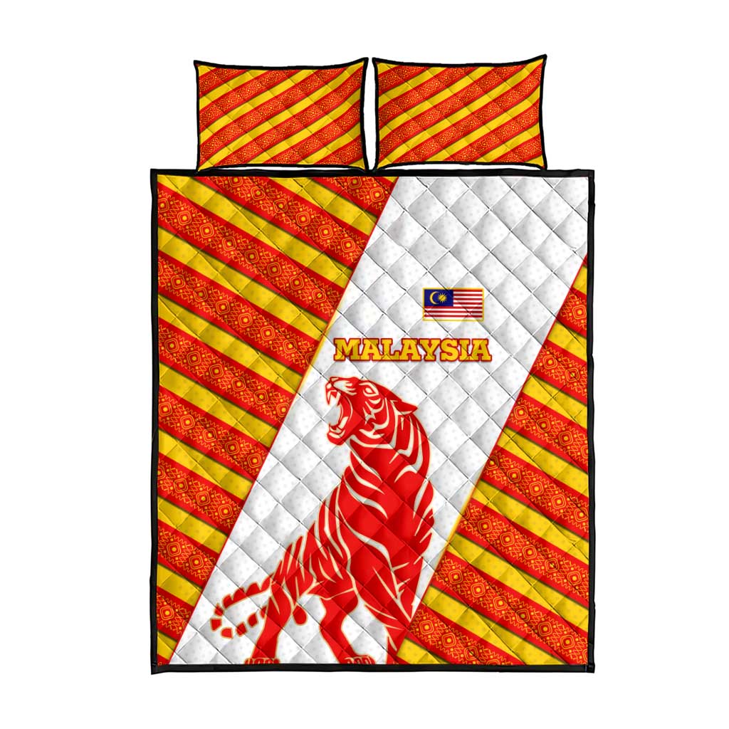 Malaysia National Crest Quilt Bed Set with Red Tiger and Traditional Batik Yellow White