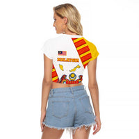 Malaysia National Crest Raglan Cropped T Shirt with Red Tiger and Traditional Batik Yellow White