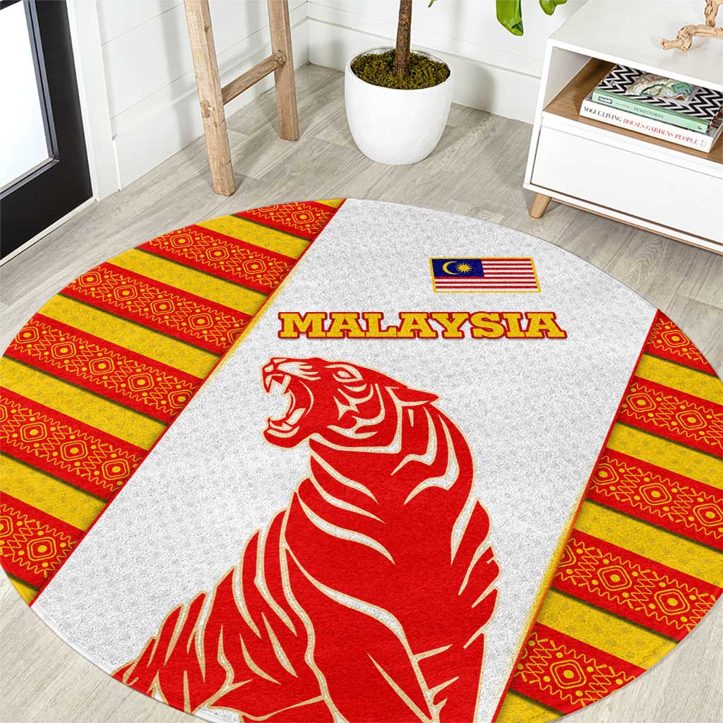 Malaysia National Crest Round Carpet with Red Tiger and Traditional Batik Yellow White