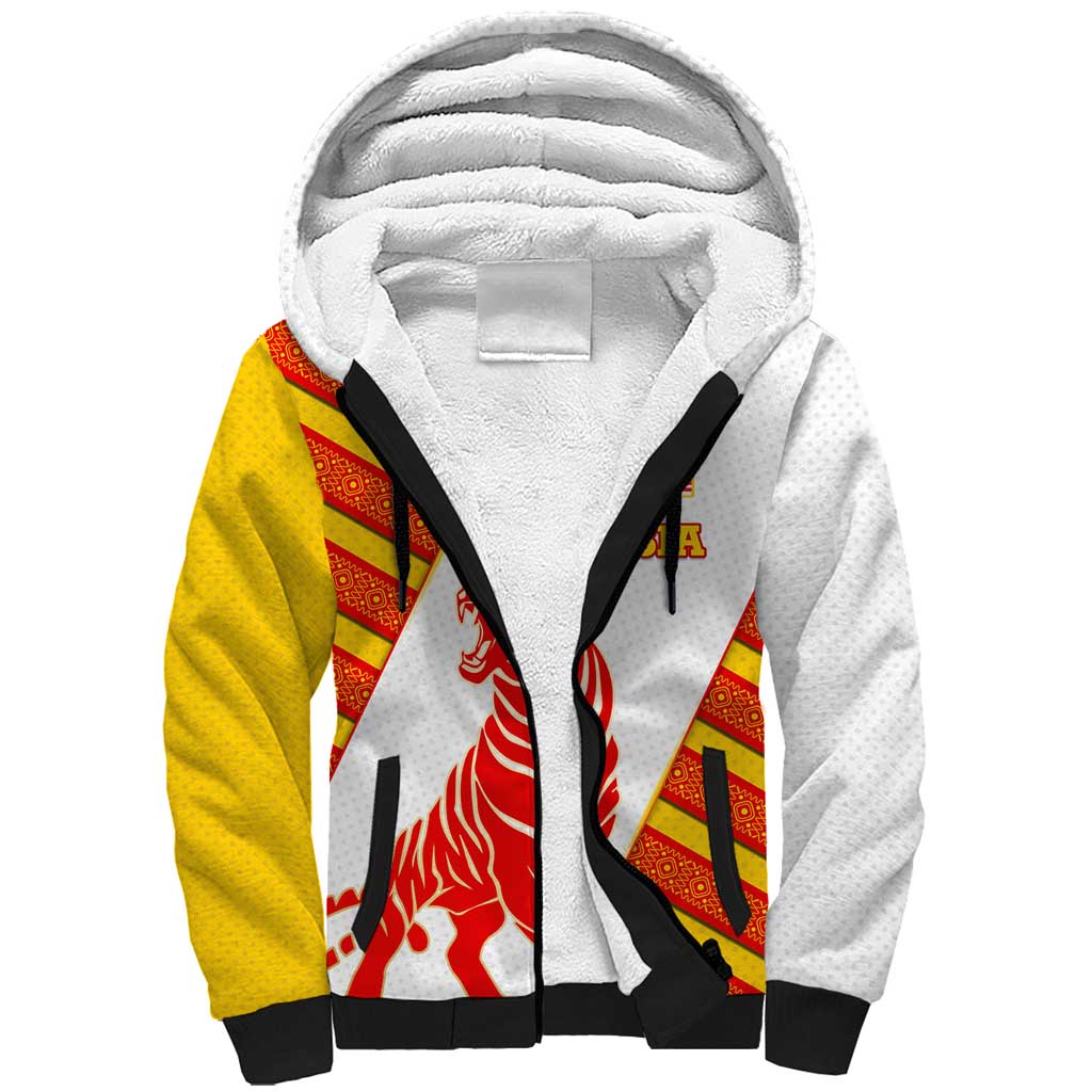 Malaysia National Crest Sherpa Hoodie with Red Tiger and Traditional Batik Yellow White