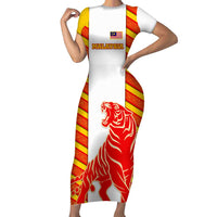 Malaysia National Crest Short Sleeve Bodycon Dress with Red Tiger and Traditional Batik Yellow White