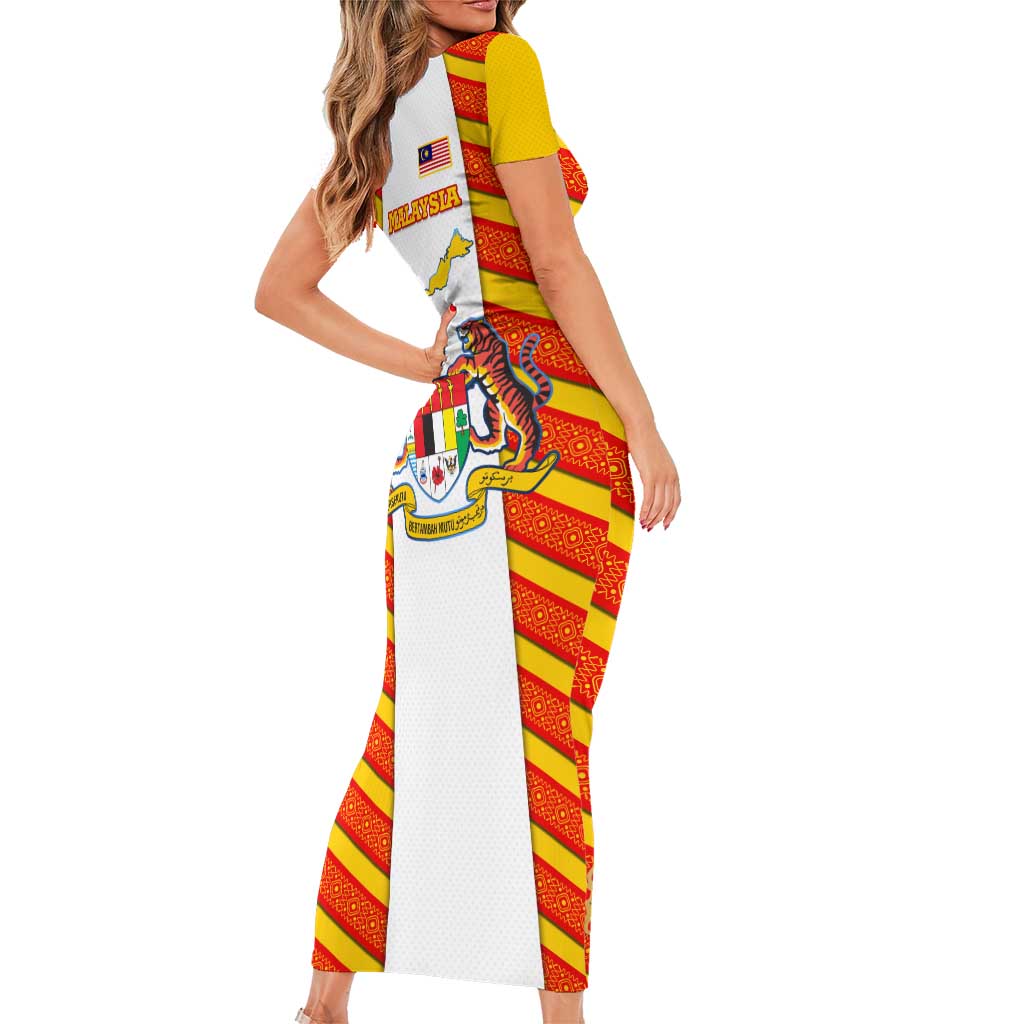 Malaysia National Crest Short Sleeve Bodycon Dress with Red Tiger and Traditional Batik Yellow White