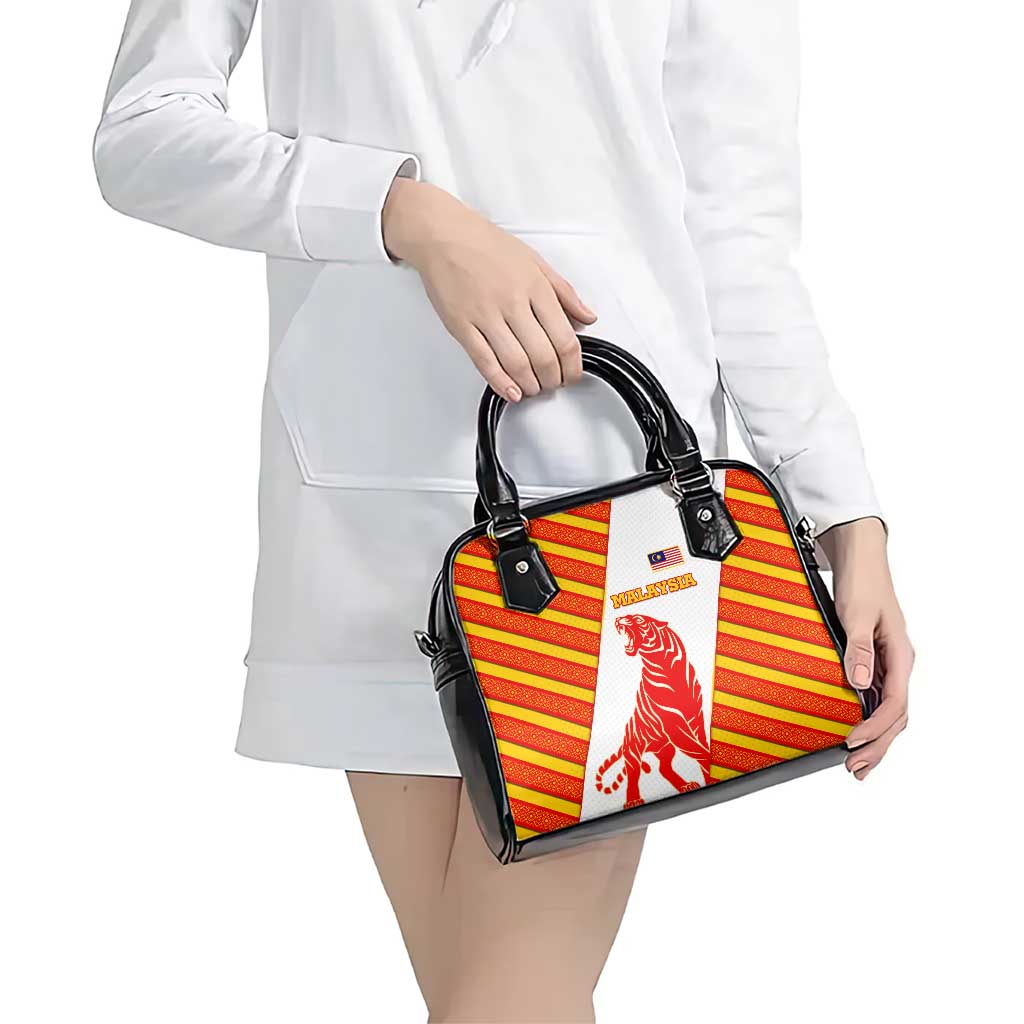 Malaysia National Crest Shoulder Handbag with Red Tiger and Traditional Batik Yellow White