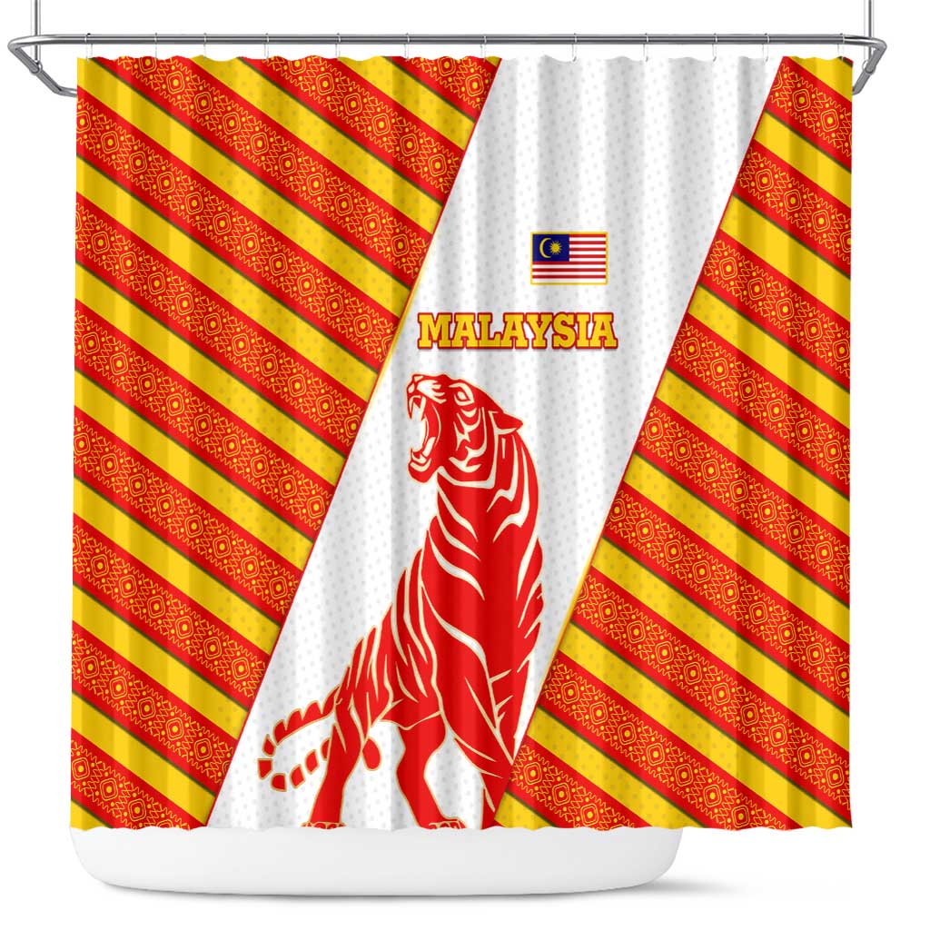 Malaysia National Crest Shower Curtain with Red Tiger and Traditional Batik Yellow White