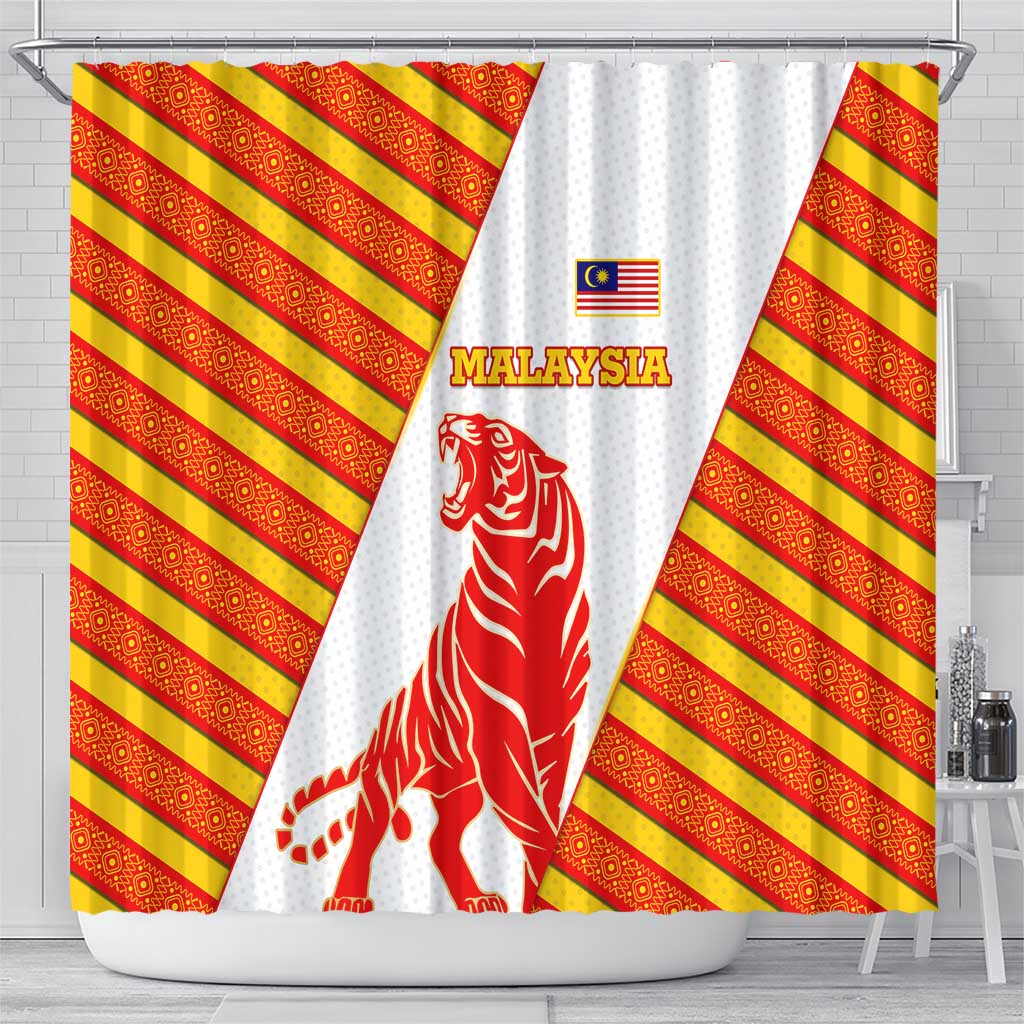 Malaysia National Crest Shower Curtain with Red Tiger and Traditional Batik Yellow White