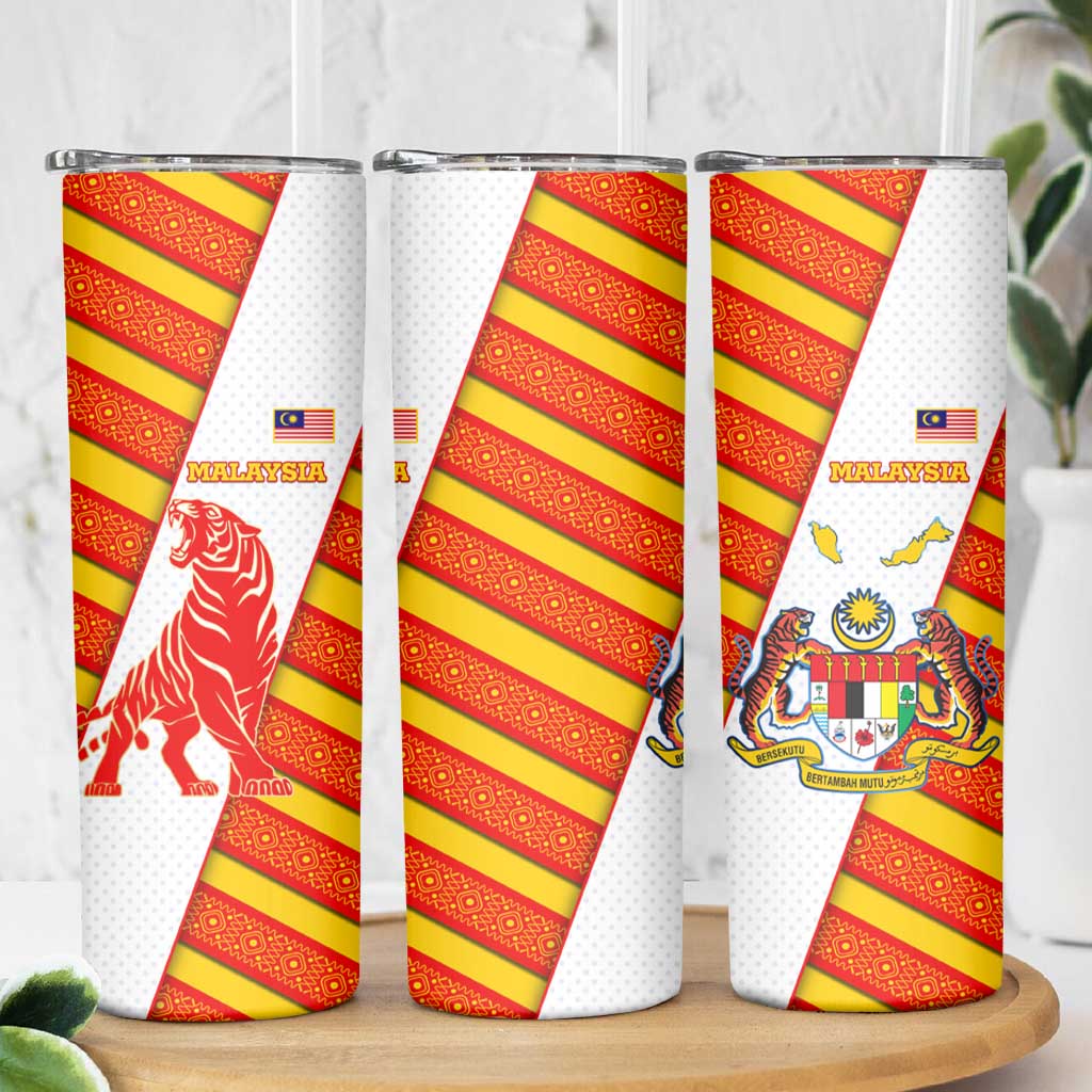 Malaysia National Crest Skinny Tumbler with Red Tiger and Traditional Batik Yellow White