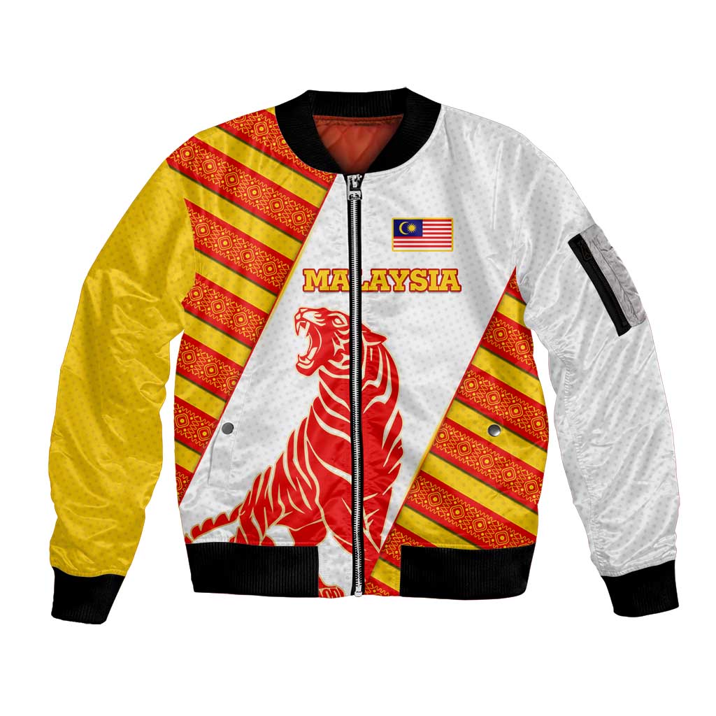 Malaysia National Crest Sleeve Zip Bomber Jacket with Red Tiger and Traditional Batik Yellow White