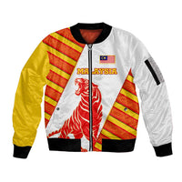 Malaysia National Crest Sleeve Zip Bomber Jacket with Red Tiger and Traditional Batik Yellow White