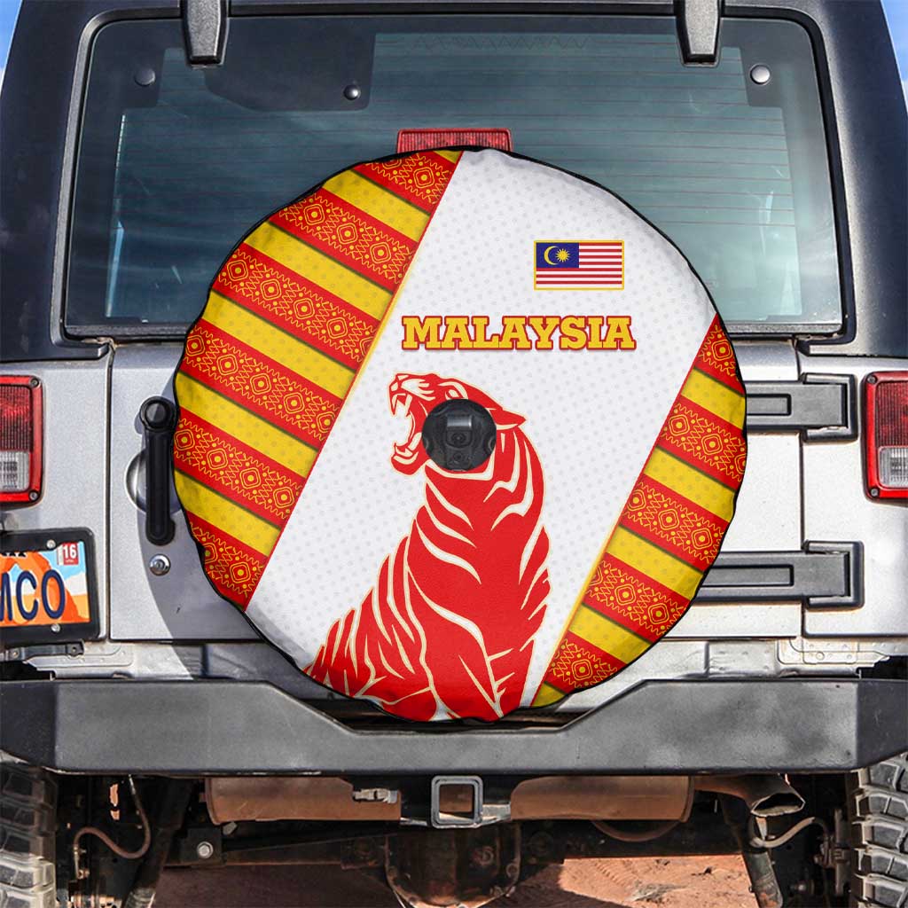 Malaysia National Crest Spare Tire Cover with Red Tiger and Traditional Batik Yellow White