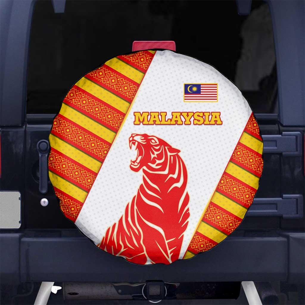 Malaysia National Crest Spare Tire Cover with Red Tiger and Traditional Batik Yellow White