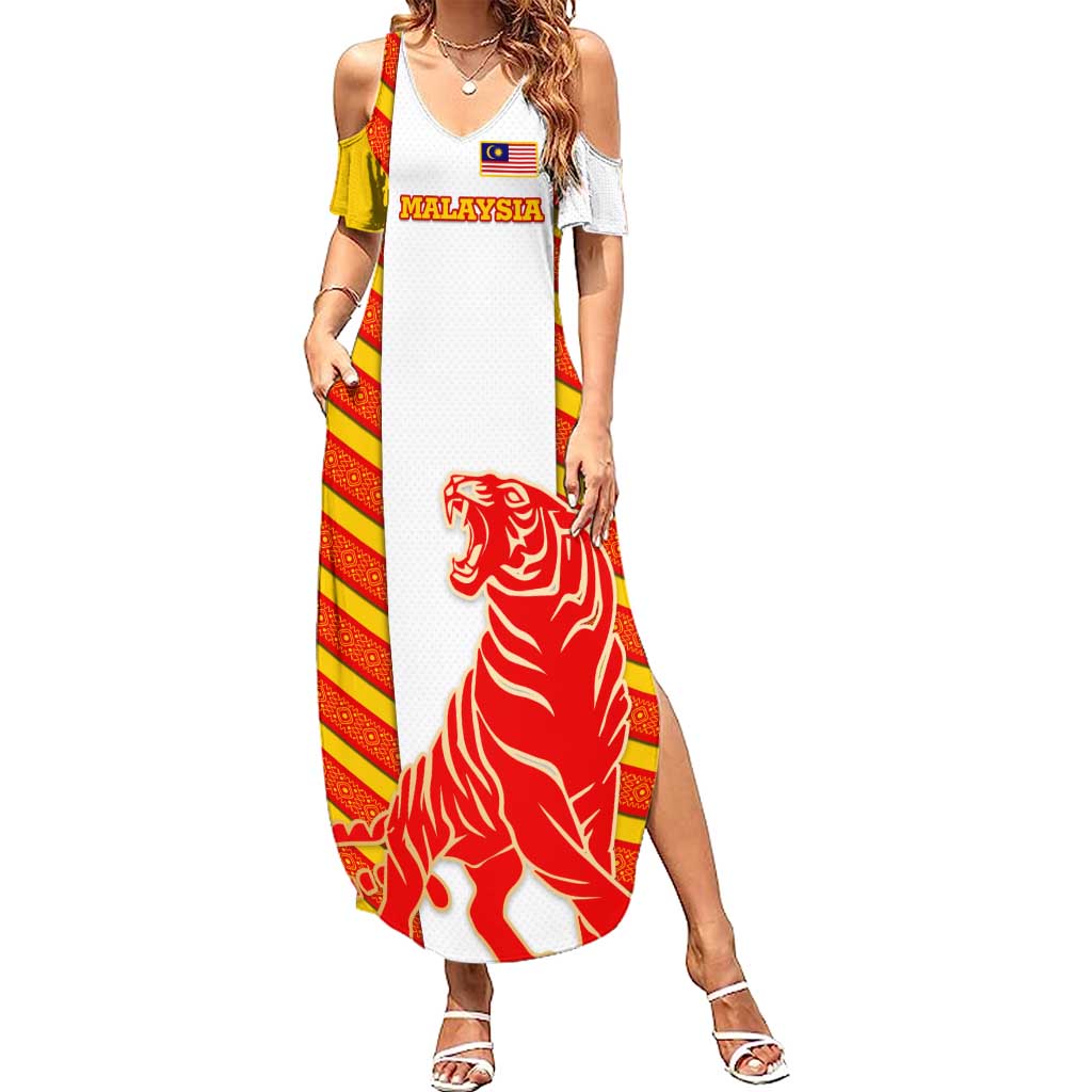 Malaysia National Crest Summer Maxi Dress with Red Tiger and Traditional Batik Yellow White