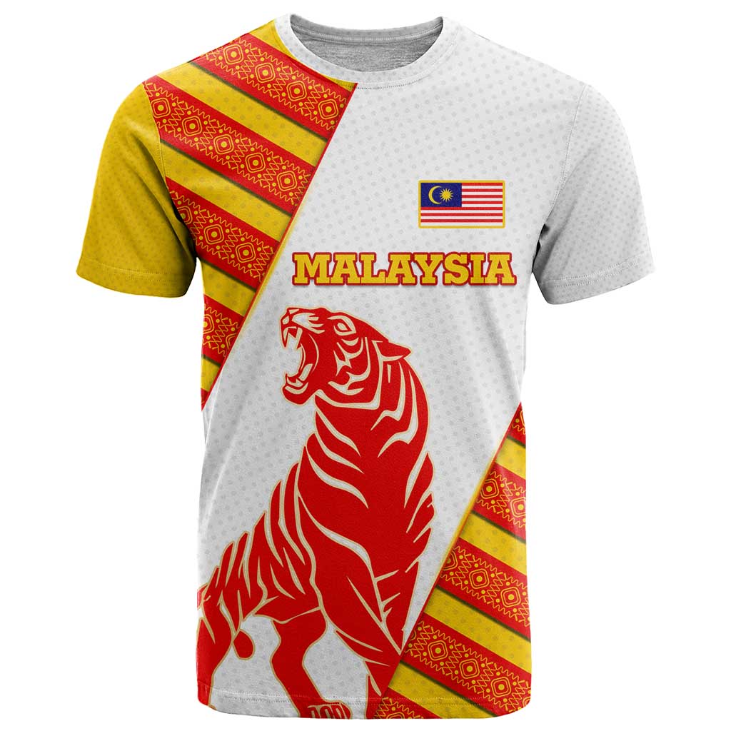 Malaysia National Crest T Shirt with Red Tiger and Traditional Batik Yellow White