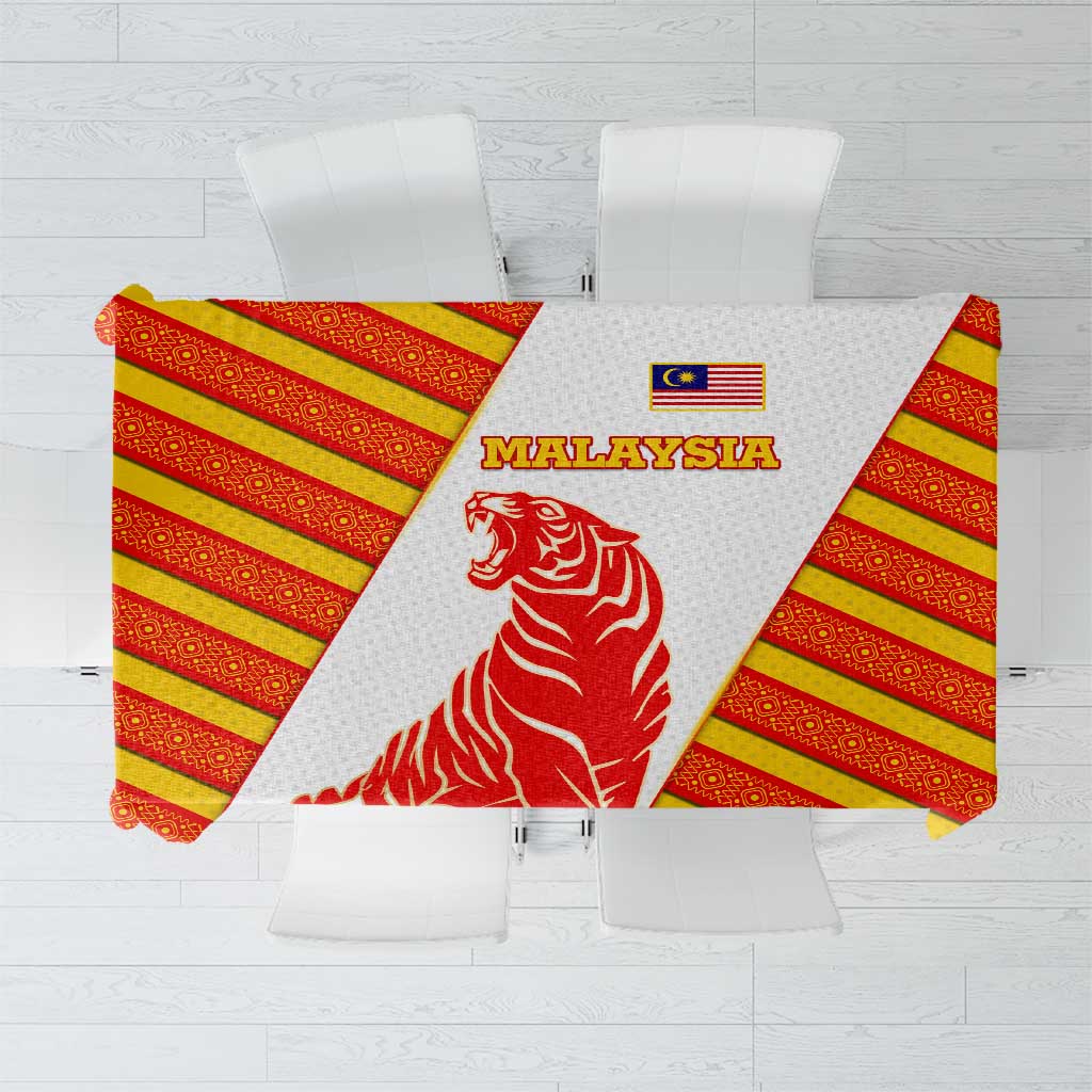 Malaysia National Crest Tablecloth with Red Tiger and Traditional Batik Yellow White