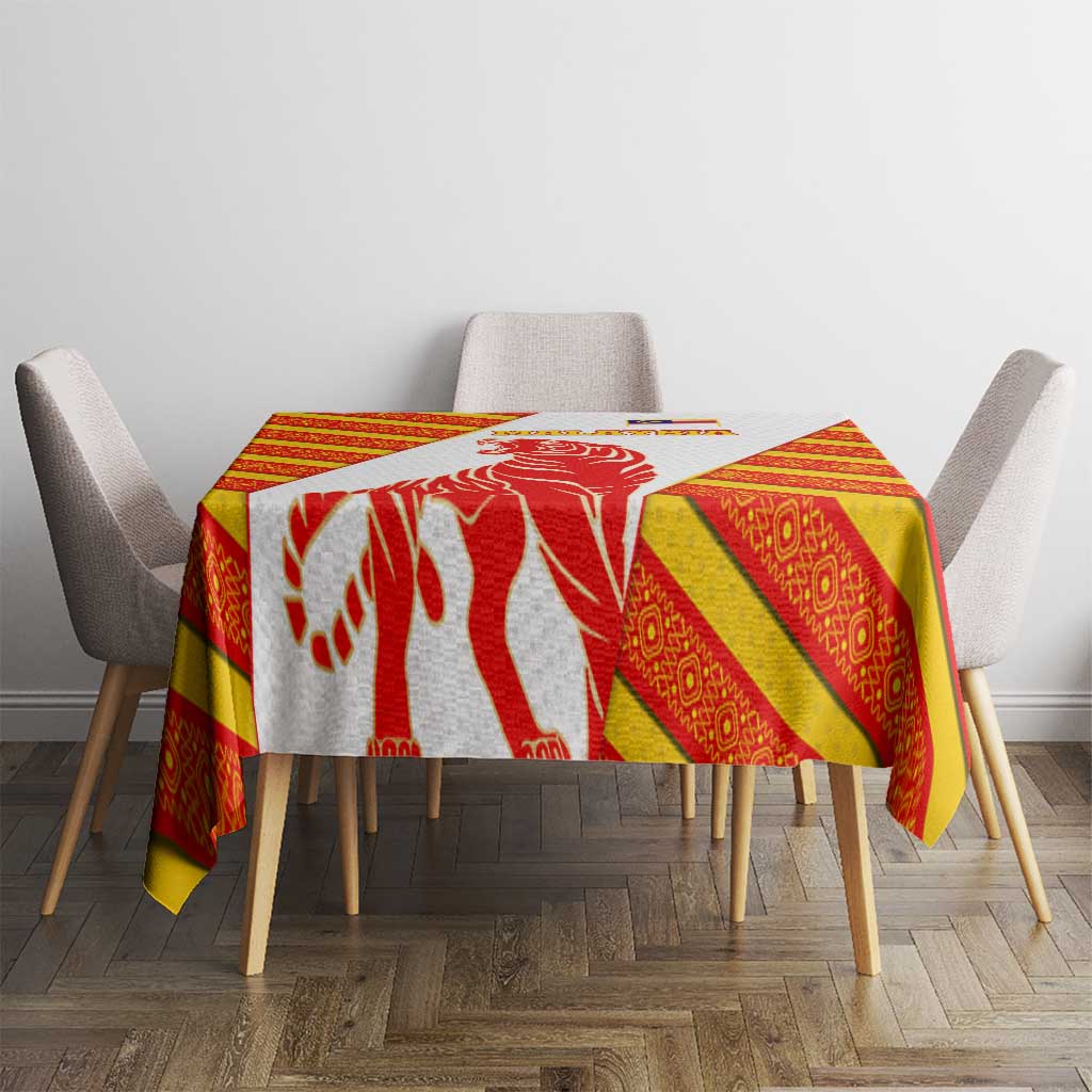 Malaysia National Crest Tablecloth with Red Tiger and Traditional Batik Yellow White