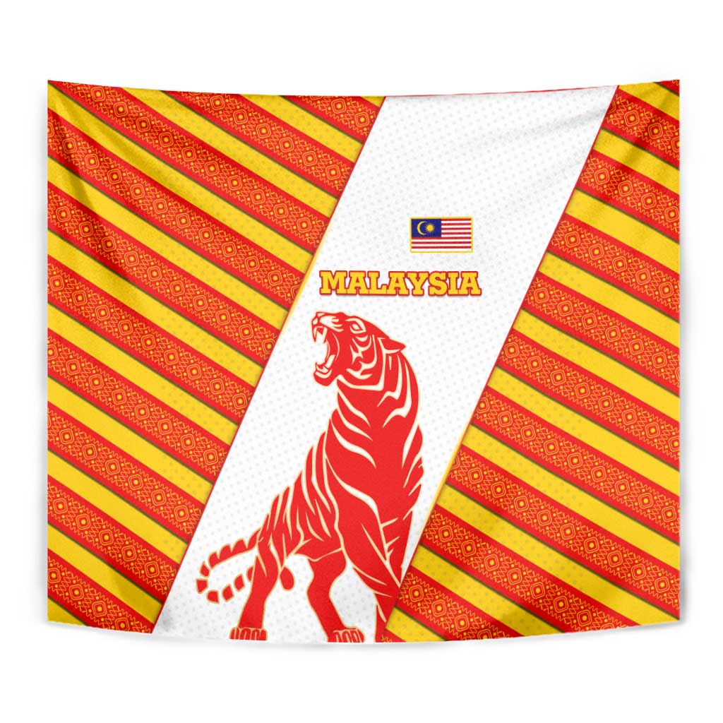 Malaysia National Crest Tapestry with Red Tiger and Traditional Batik Yellow White