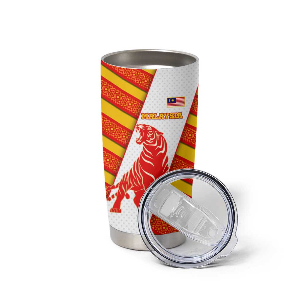 Malaysia National Crest Tumbler Cup with Red Tiger and Traditional Batik Yellow White