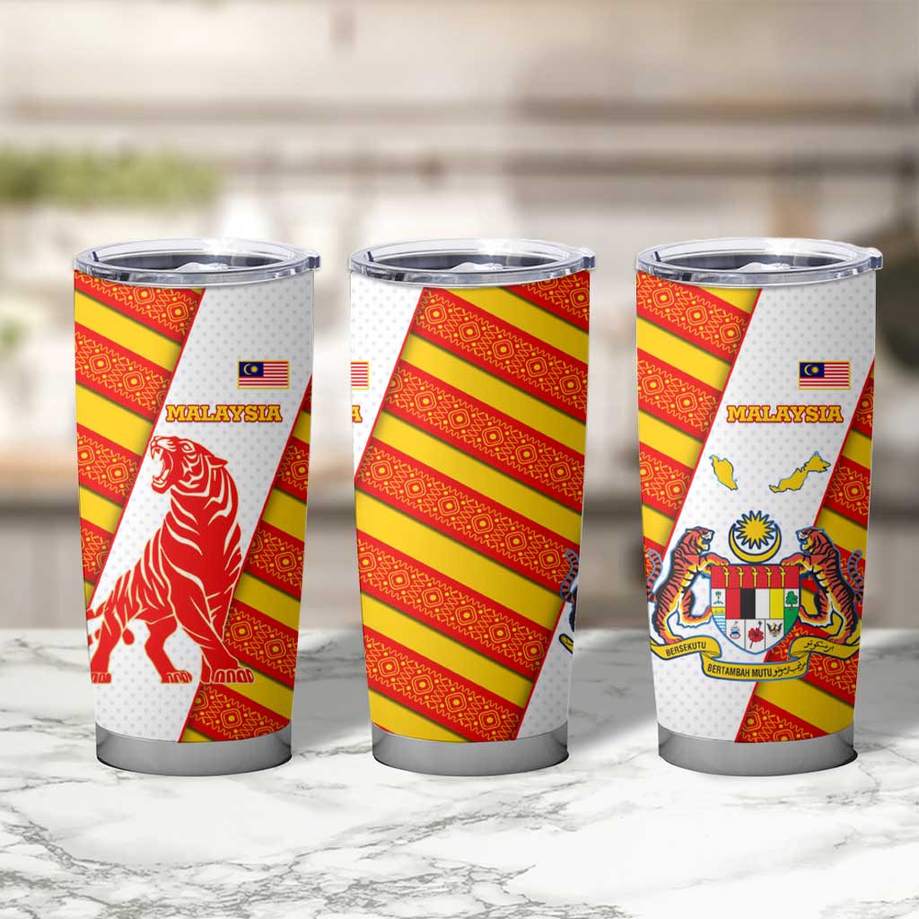 Malaysia National Crest Tumbler Cup with Red Tiger and Traditional Batik Yellow White
