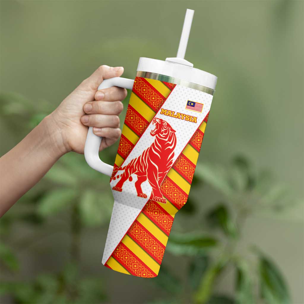 Malaysia National Crest Tumbler With Handle with Red Tiger and Traditional Batik Yellow White