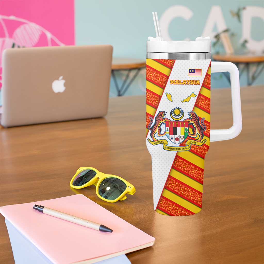 Malaysia National Crest Tumbler With Handle with Red Tiger and Traditional Batik Yellow White