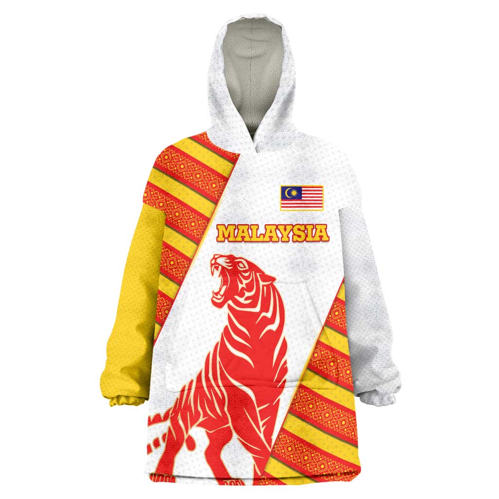 Malaysia National Crest Wearable Blanket Hoodie with Red Tiger and Traditional Batik Yellow White